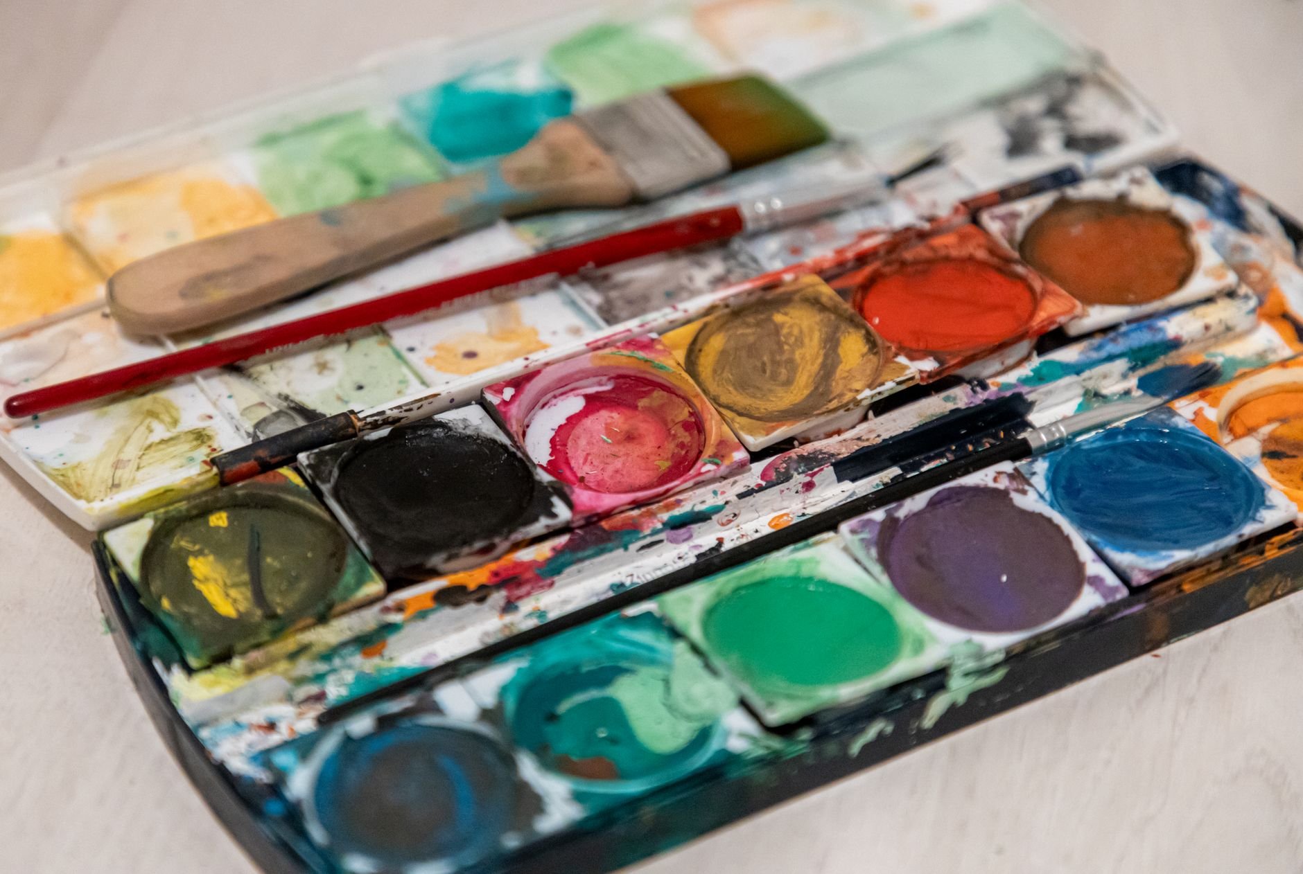 Vibrant watercolor paints and brushes artistically arranged, showcasing creativity and color variety.